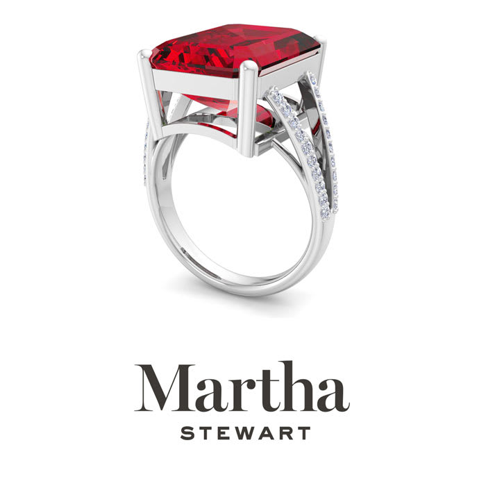 Martha Stewart 10 1/4 Carat Emerald Cut Ruby and Lab Grown Diamond Ring In Sterling Silver