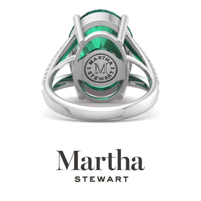 Martha Stewart 10 1/4 Carat Oval Shape Emerald and Lab Grown Diamond Ring In Sterling Silver