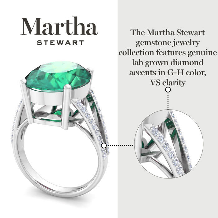 Martha Stewart 10 1/4 Carat Oval Shape Emerald and Lab Grown Diamond Ring In Sterling Silver