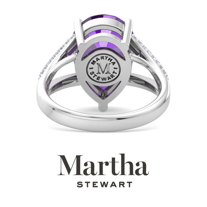 Martha Stewart 5 1/2 Carat Pear Shape Amethyst and Lab Grown Diamond Ring In Sterling Silver