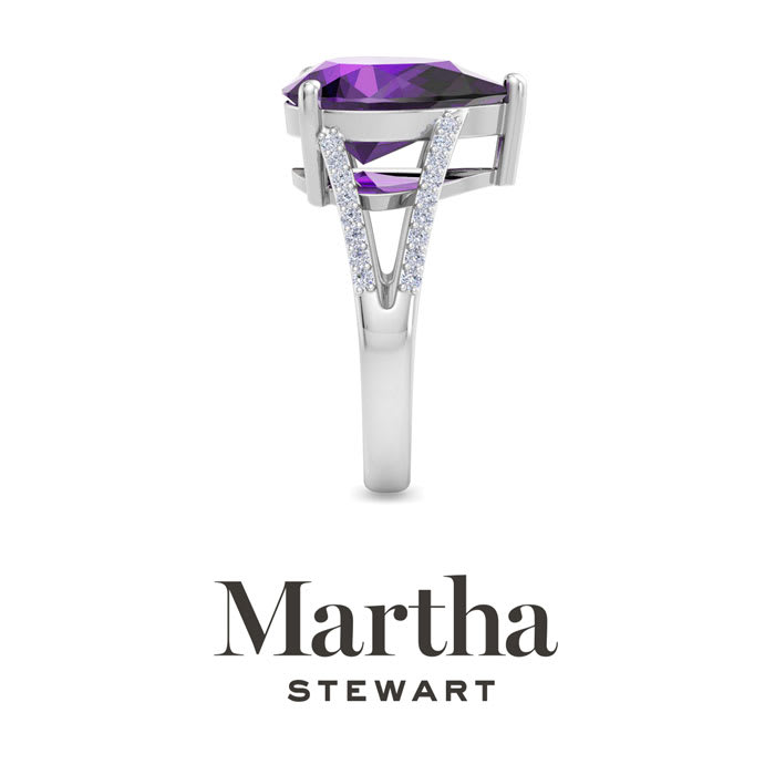 Martha Stewart 5 1/2 Carat Pear Shape Amethyst and Lab Grown Diamond Ring In Sterling Silver