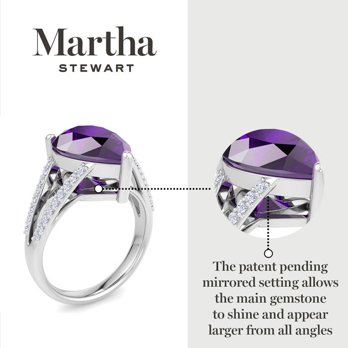 Martha Stewart 5 1/2 Carat Pear Shape Amethyst and Lab Grown Diamond Ring In Sterling Silver