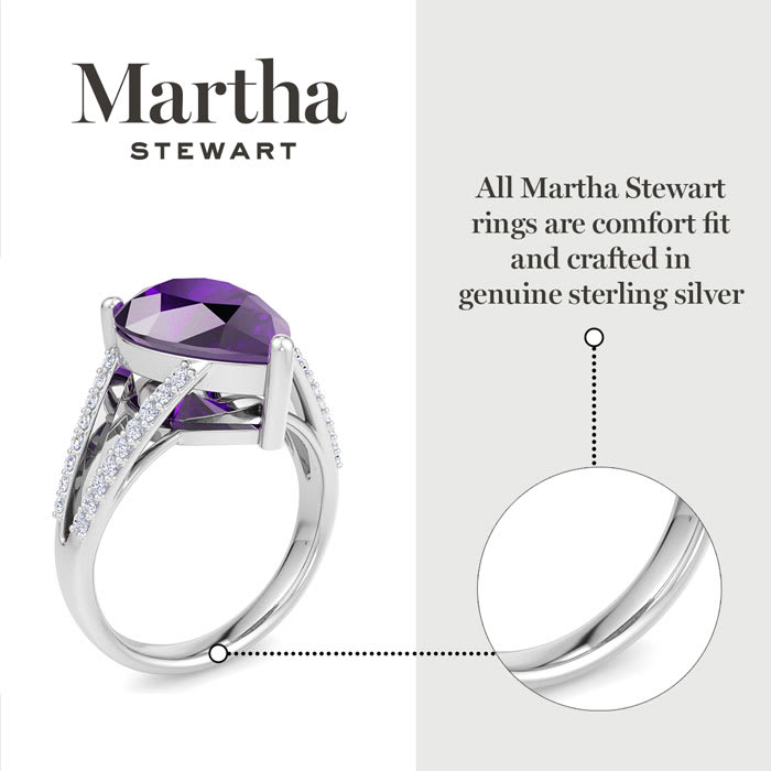 Martha Stewart 5 1/2 Carat Pear Shape Amethyst and Lab Grown Diamond Ring In Sterling Silver