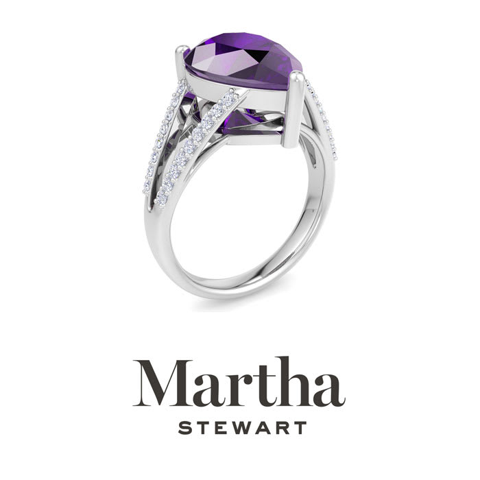 Martha Stewart 5 1/2 Carat Pear Shape Amethyst and Lab Grown Diamond Ring In Sterling Silver