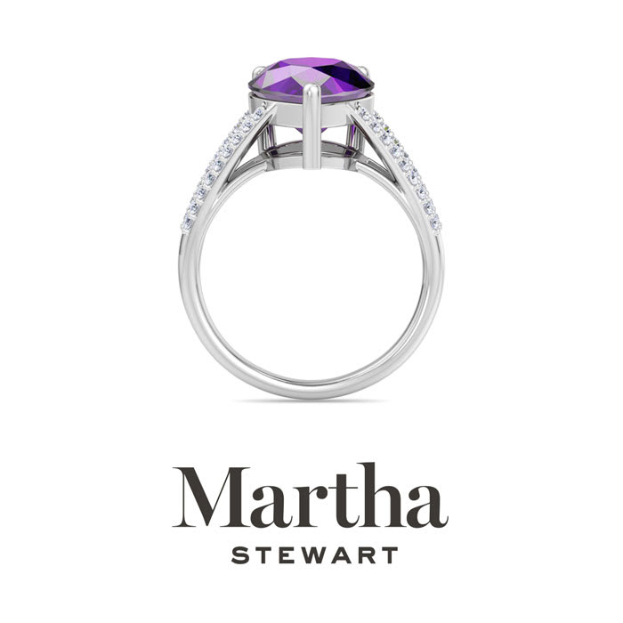 Martha Stewart 5 1/2 Carat Pear Shape Amethyst and Lab Grown Diamond Ring In Sterling Silver