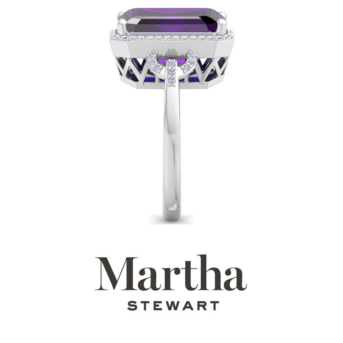 Martha Stewart 7 1/3 Carat Emerald Cut Amethyst and Lab Grown Diamond Halo Ring In Sterling Silver