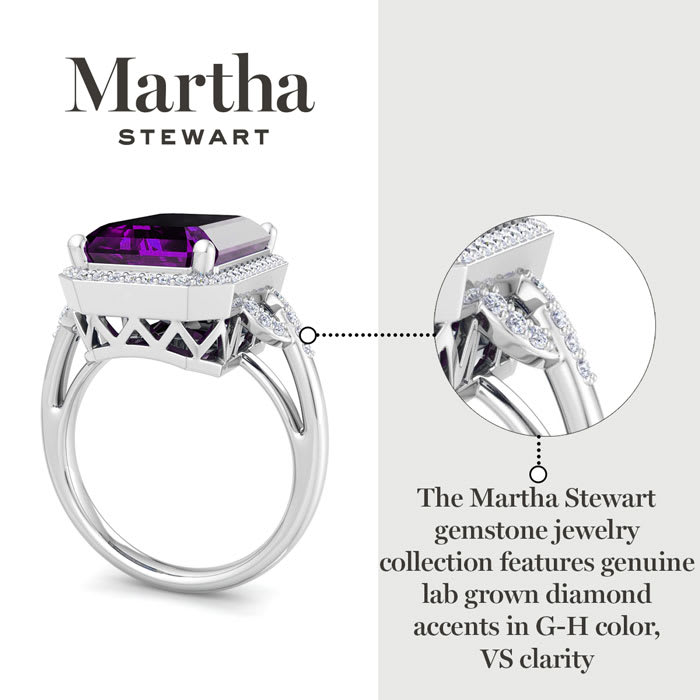 Martha Stewart 7 1/3 Carat Emerald Cut Amethyst and Lab Grown Diamond Halo Ring In Sterling Silver