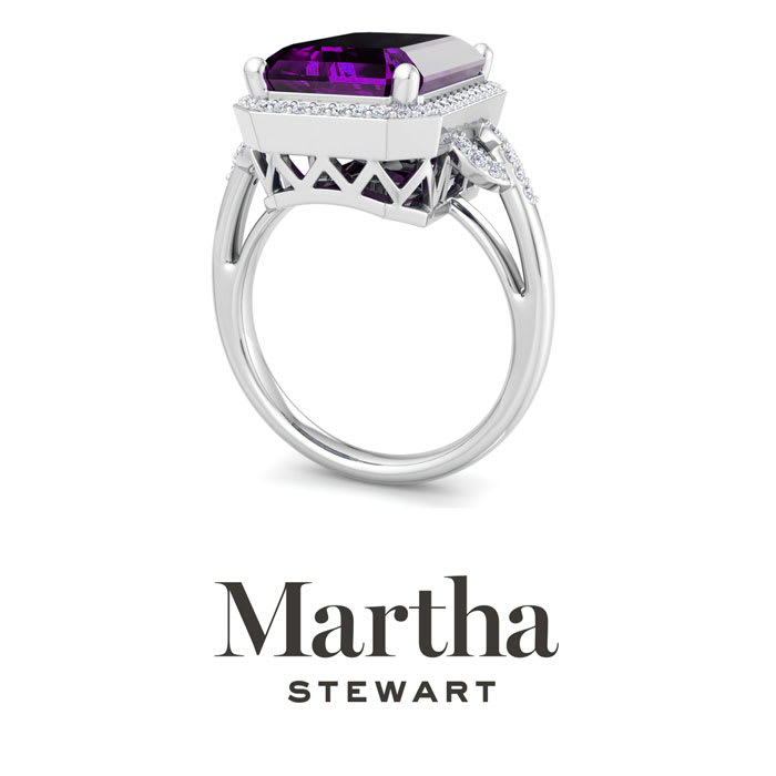 Martha Stewart 7 1/3 Carat Emerald Cut Amethyst and Lab Grown Diamond Halo Ring In Sterling Silver