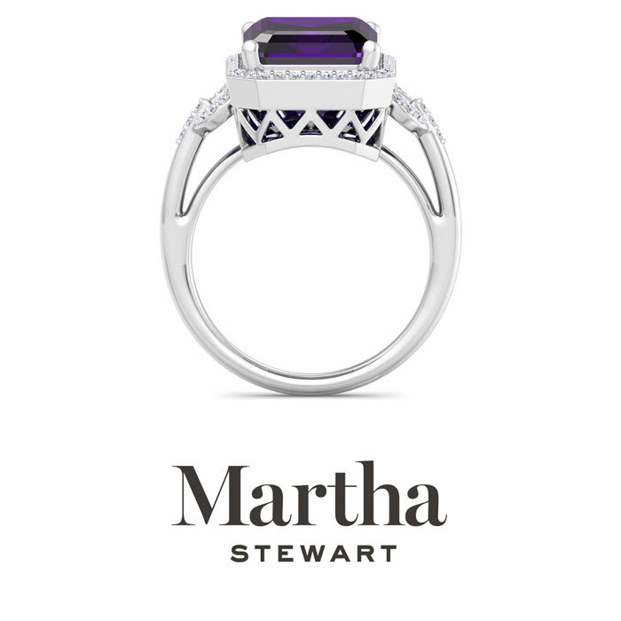 Martha Stewart 7 1/3 Carat Emerald Cut Amethyst and Lab Grown Diamond Halo Ring In Sterling Silver