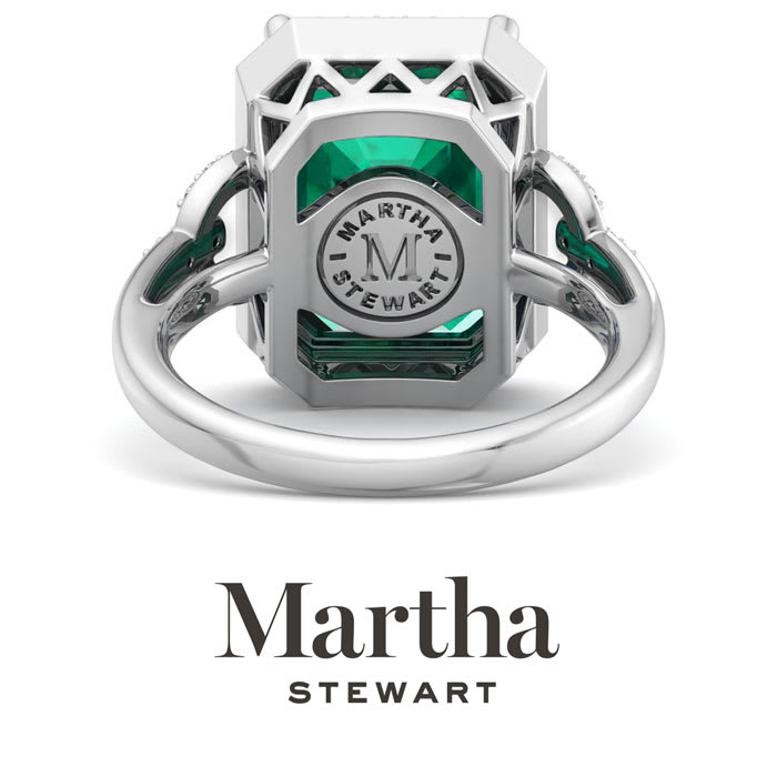 Martha Stewart 7 1/3 Carat Emerald Cut Emerald and Lab Grown Diamond Halo Ring In Sterling Silver
