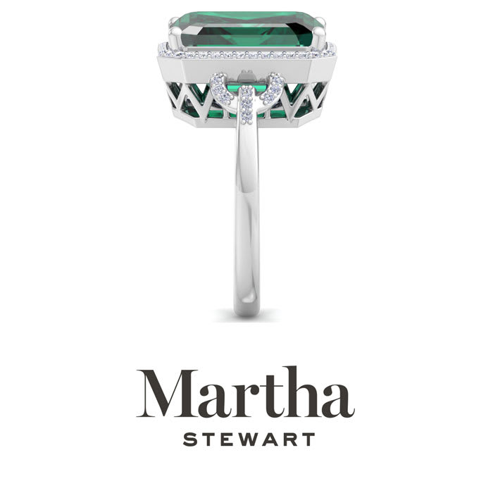 Martha Stewart 7 1/3 Carat Emerald Cut Emerald and Lab Grown Diamond Halo Ring In Sterling Silver