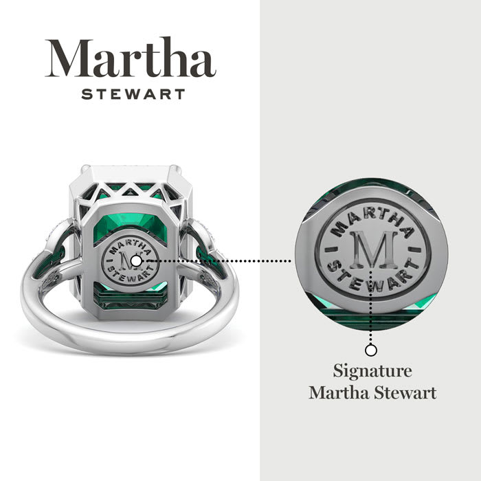 Martha Stewart 7 1/3 Carat Emerald Cut Emerald and Lab Grown Diamond Halo Ring In Sterling Silver