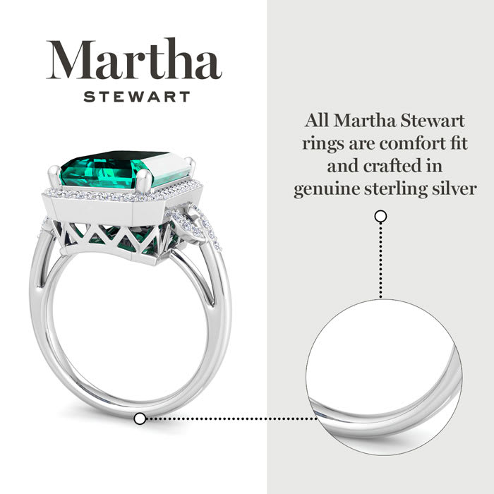 Martha Stewart 7 1/3 Carat Emerald Cut Emerald and Lab Grown Diamond Halo Ring In Sterling Silver