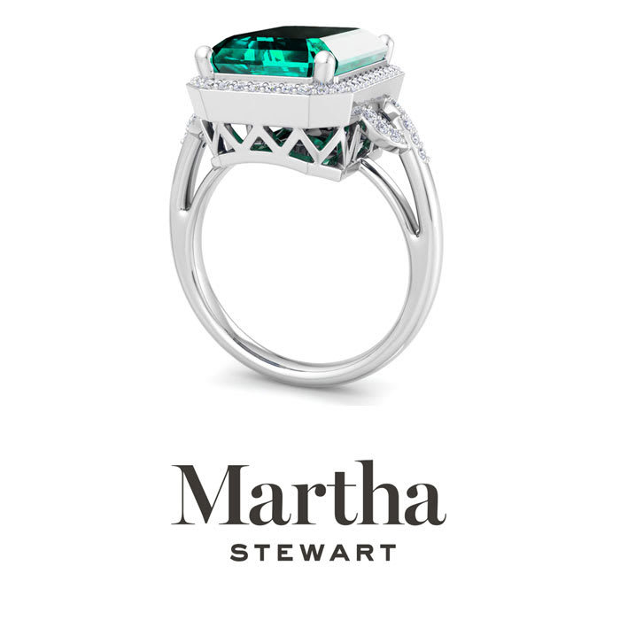 Martha Stewart 7 1/3 Carat Emerald Cut Emerald and Lab Grown Diamond Halo Ring In Sterling Silver