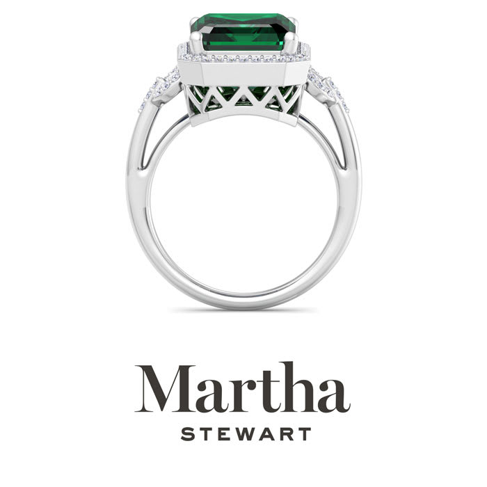 Martha Stewart 7 1/3 Carat Emerald Cut Emerald and Lab Grown Diamond Halo Ring In Sterling Silver