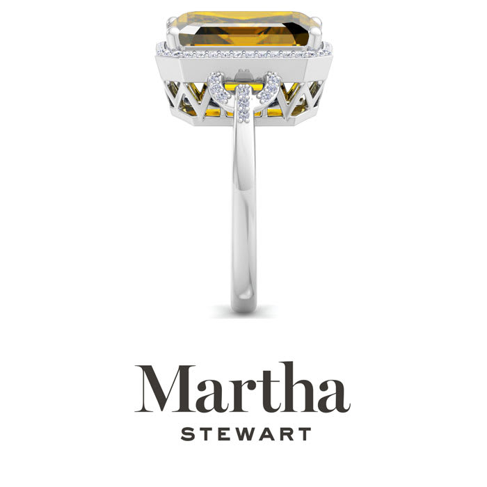 Martha Stewart 7 1/3 Carat Emerald Cut Citrine and Lab Grown Diamond Halo Ring In Sterling Silver