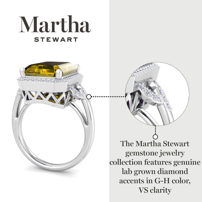 Martha Stewart 7 1/3 Carat Emerald Cut Citrine and Lab Grown Diamond Halo Ring In Sterling Silver