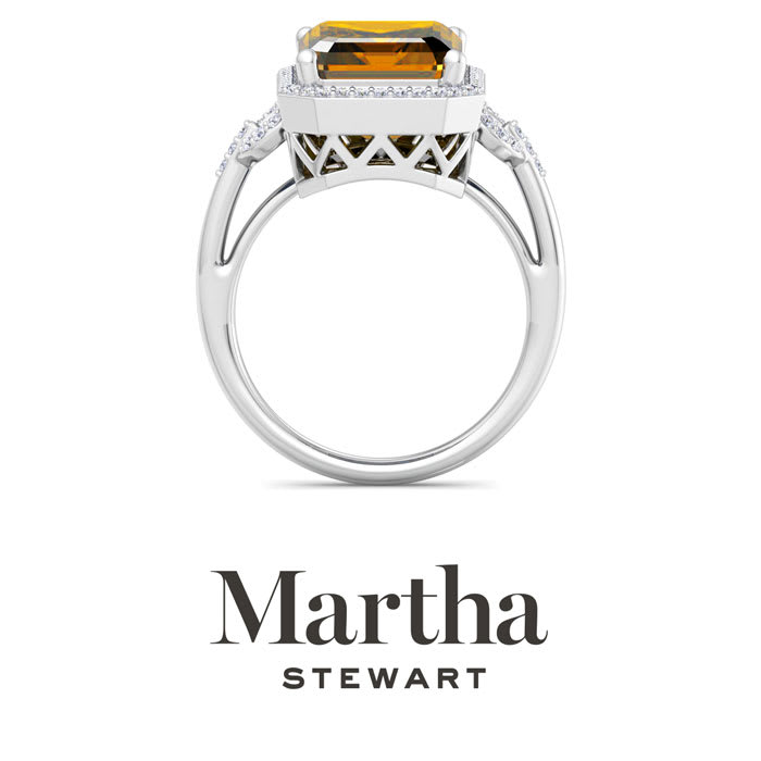 Martha Stewart 7 1/3 Carat Emerald Cut Citrine and Lab Grown Diamond Halo Ring In Sterling Silver