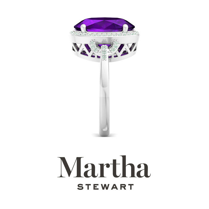 Martha Stewart 6 3/4 Carat Oval Shape Amethyst and Lab Grown Diamond Halo Ring In Sterling Silver