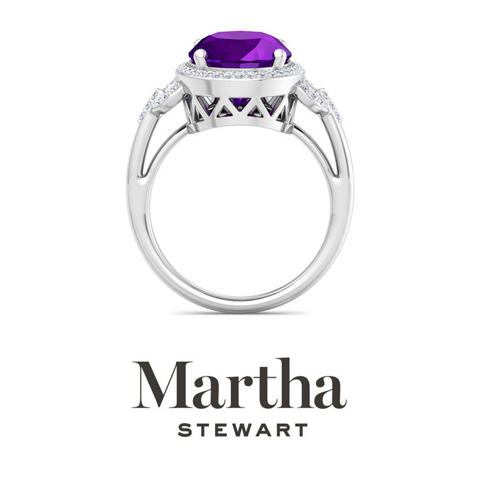 Martha Stewart 6 3/4 Carat Oval Shape Amethyst and Lab Grown Diamond Halo Ring In Sterling Silver