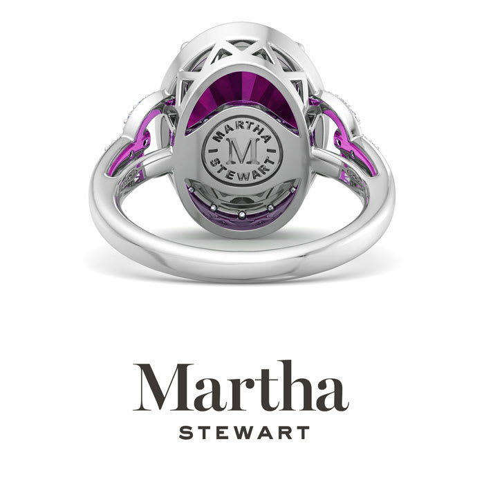 Martha Stewart 6 3/4 Carat Oval Shape Pink Sapphire and Lab Grown Diamond Halo Ring In Sterling Silver