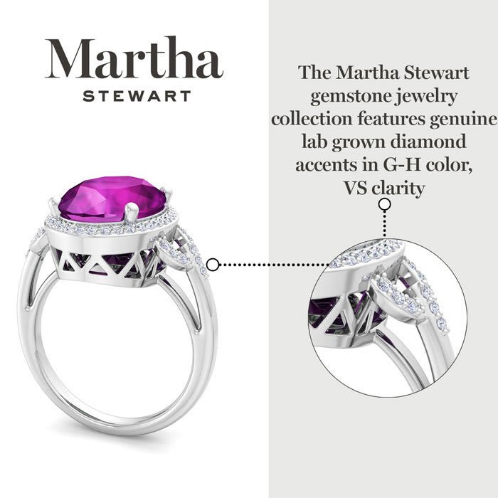 Martha Stewart 6 3/4 Carat Oval Shape Pink Sapphire and Lab Grown Diamond Halo Ring In Sterling Silver