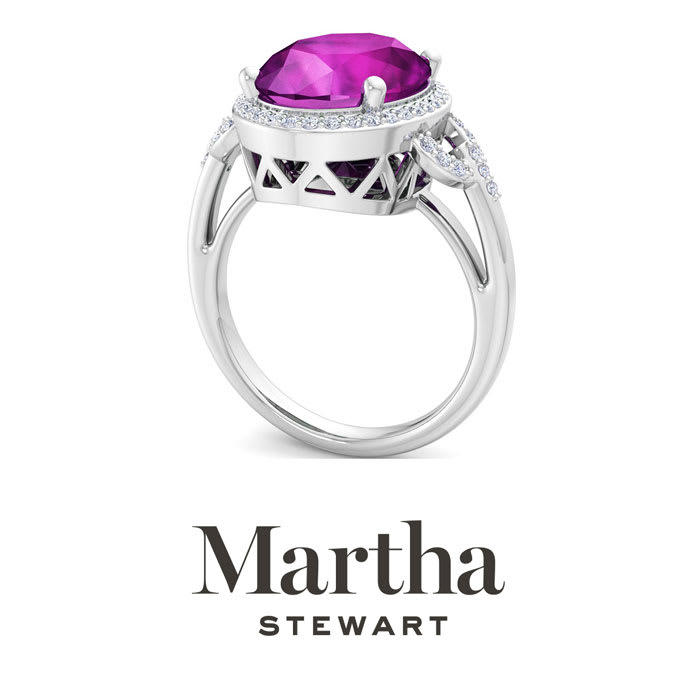Martha Stewart 6 3/4 Carat Oval Shape Pink Sapphire and Lab Grown Diamond Halo Ring In Sterling Silver