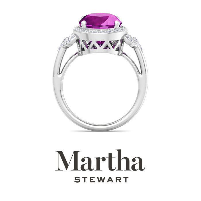 Martha Stewart 6 3/4 Carat Oval Shape Pink Sapphire and Lab Grown Diamond Halo Ring In Sterling Silver
