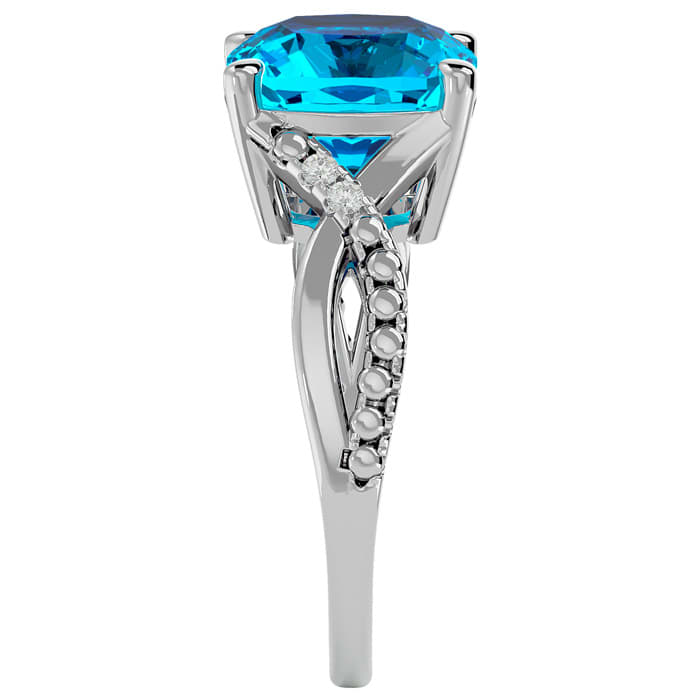 4 Carat Cushion Cut Blue Topaz and Diamond Ring in 10k White Gold