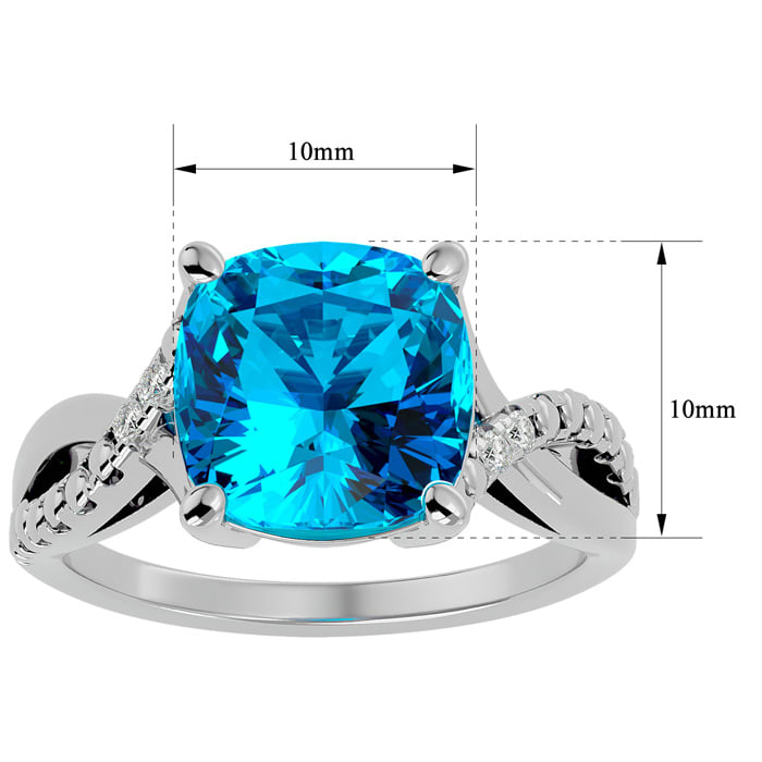 4 Carat Cushion Cut Blue Topaz and Diamond Ring in 10k White Gold