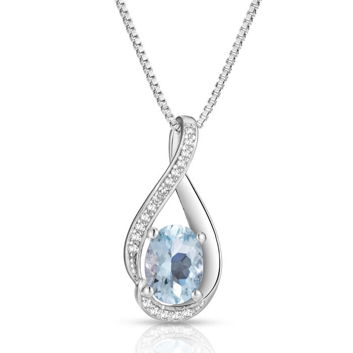 1/2 Carat Round Shape Aquamarine and Halo Diamond Necklace In Sterling Silver With 18 Inch Chain
