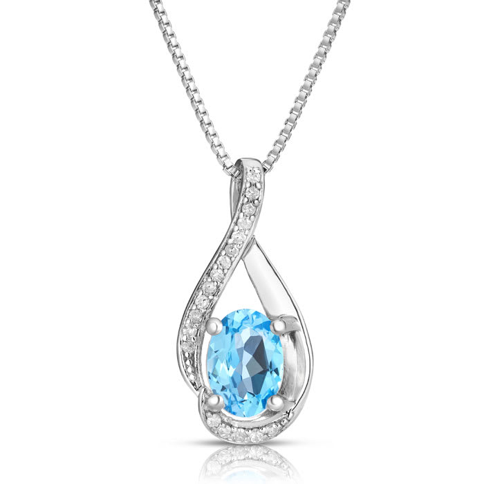 1/2 Carat Round Shape Blue Topaz and Halo Diamond Necklace In Sterling Silver With 18 Inch Chain