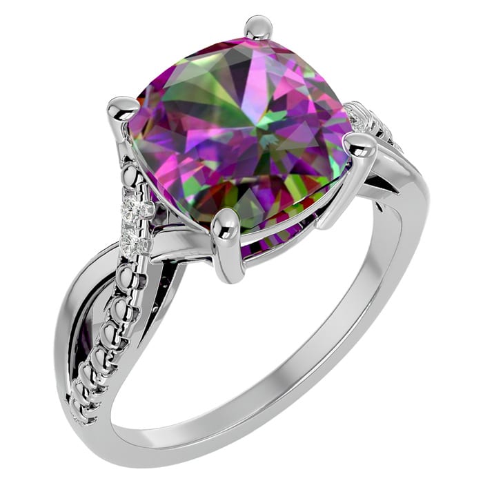 4 Carat Cushion Shape Mystic Topaz Ring With Diamonds In 10 Karat White Gold