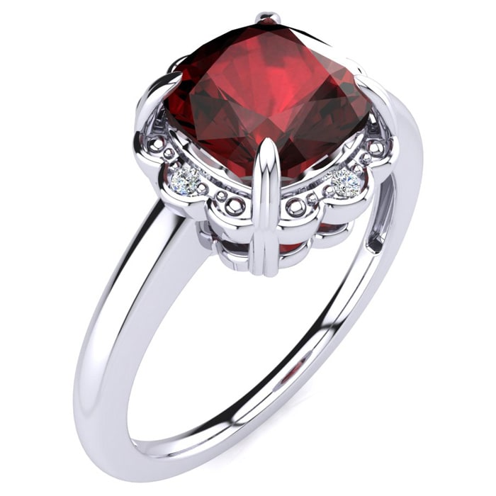 Garnet Ring: Garnet Jewelry: 2ct Cushion Cut Garnet and Diamond Ring in 10k White Gold