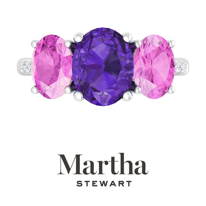 Martha Stewart 5 Carat Oval Shape Amethyst, Pink Sapphire and Lab Grown Diamond Three Stone Plus Ring In Sterling Silver