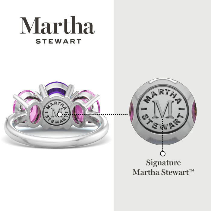 Martha Stewart 5 Carat Oval Shape Amethyst, Pink Sapphire and Lab Grown Diamond Three Stone Plus Ring In Sterling Silver
