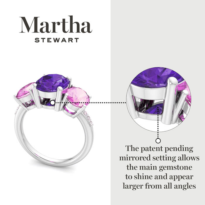 Martha Stewart 5 Carat Oval Shape Amethyst, Pink Sapphire and Lab Grown Diamond Three Stone Plus Ring In Sterling Silver