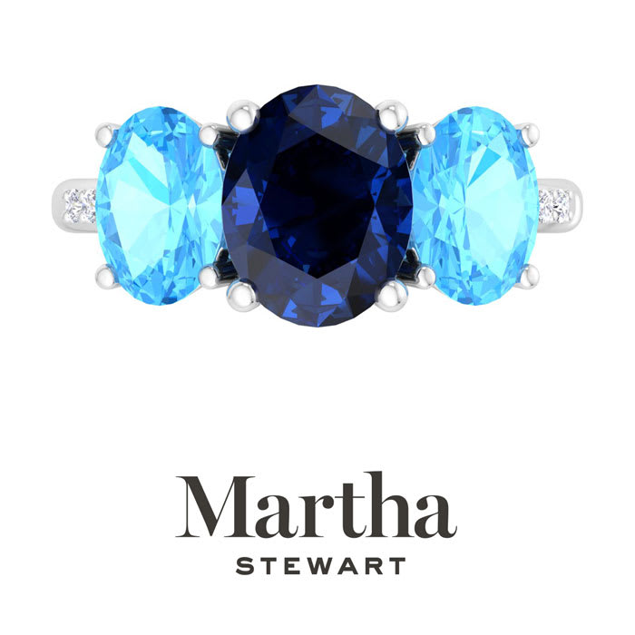 Martha Stewart 5 Carat Oval Shape Sapphire, Blue Topaz and Lab Grown Diamond Three Stone Plus Ring In Sterling Silver