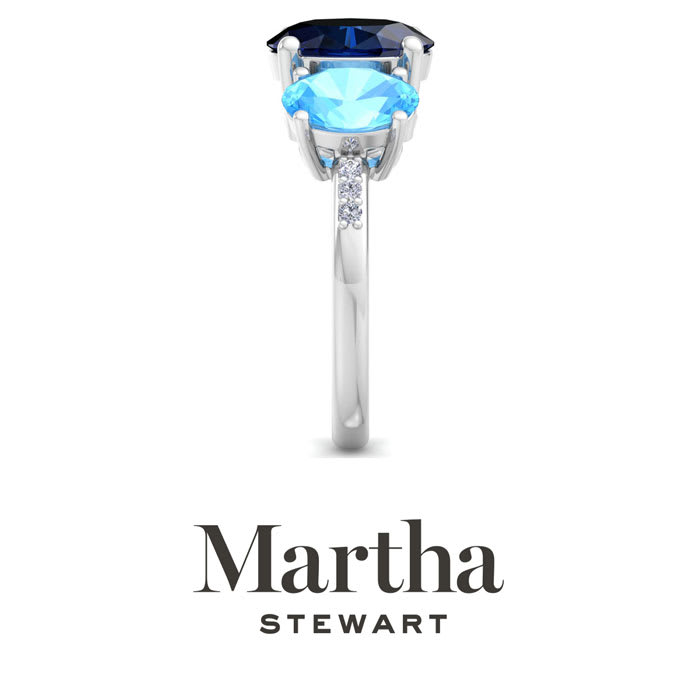 Martha Stewart 5 Carat Oval Shape Sapphire, Blue Topaz and Lab Grown Diamond Three Stone Plus Ring In Sterling Silver