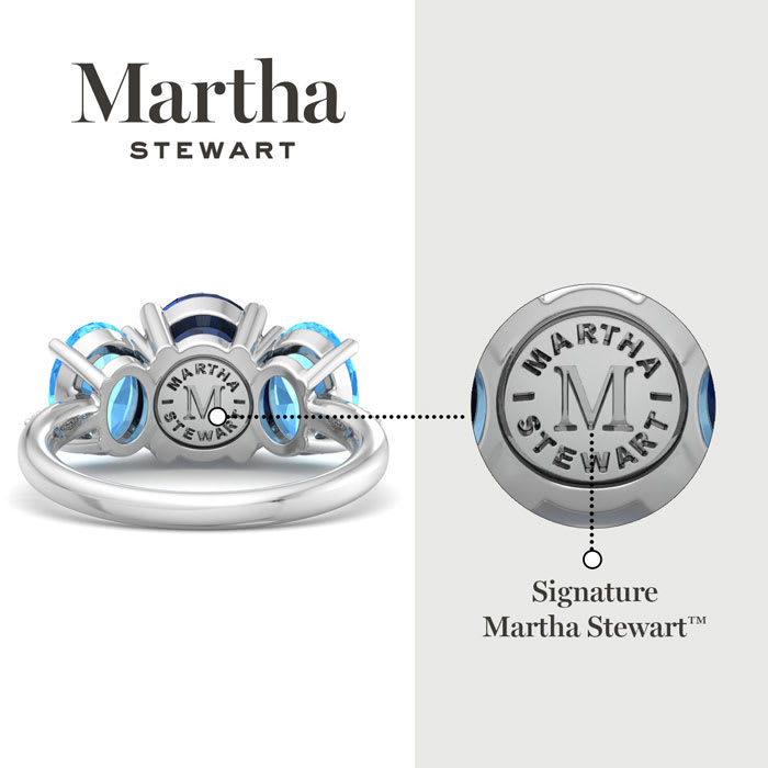 Martha Stewart 5 Carat Oval Shape Sapphire, Blue Topaz and Lab Grown Diamond Three Stone Plus Ring In Sterling Silver
