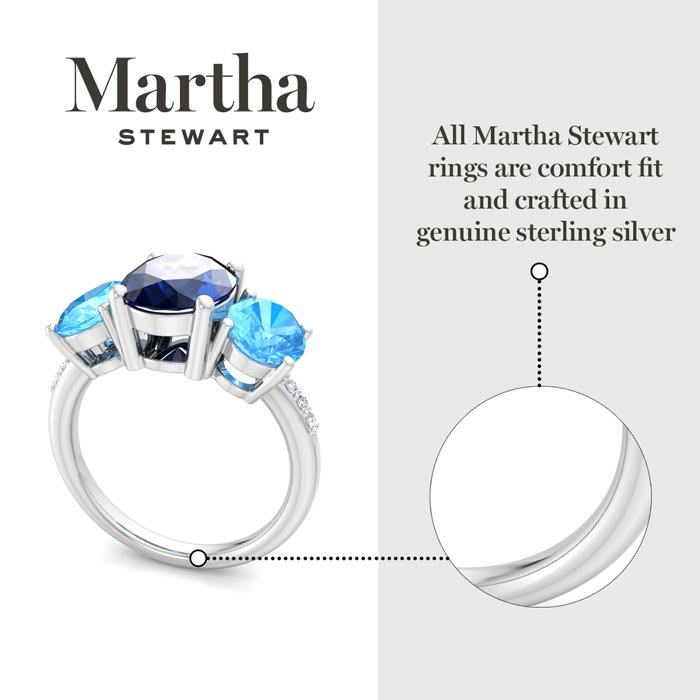 Martha Stewart 5 Carat Oval Shape Sapphire, Blue Topaz and Lab Grown Diamond Three Stone Plus Ring In Sterling Silver