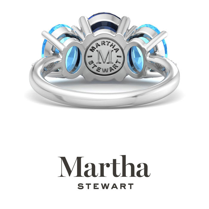 Martha Stewart 5 Carat Oval Shape Sapphire, Blue Topaz and Lab Grown Diamond Three Stone Plus Ring In Sterling Silver