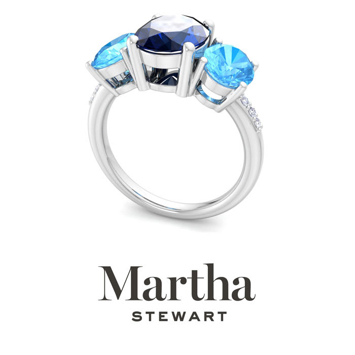 Martha Stewart 5 Carat Oval Shape Sapphire, Blue Topaz and Lab Grown Diamond Three Stone Plus Ring In Sterling Silver