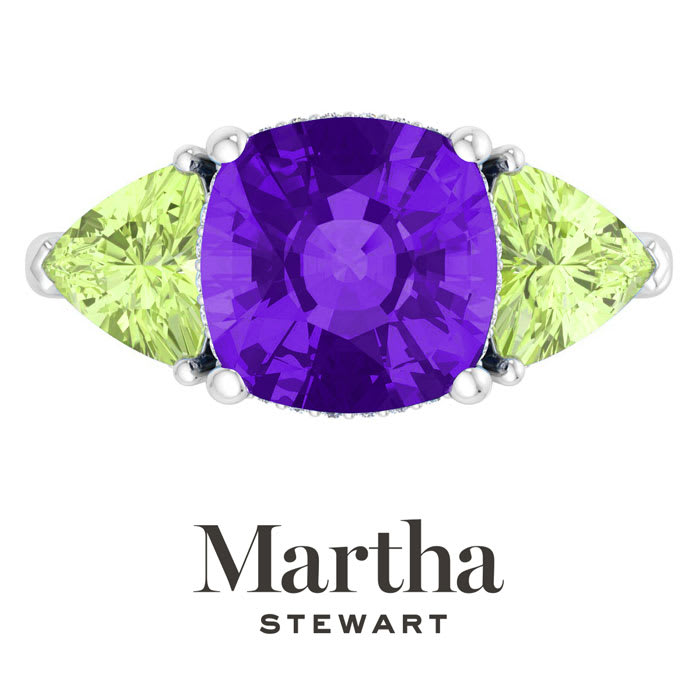 Martha Stewart 8 Carat Cushion Amethyst, Peridot and Lab Grown Diamond Three Stone Plus Ring In Sterling Silver