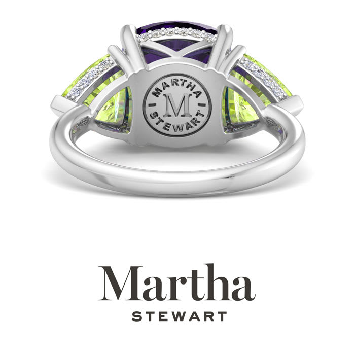 Martha Stewart 8 Carat Cushion Amethyst, Peridot and Lab Grown Diamond Three Stone Plus Ring In Sterling Silver
