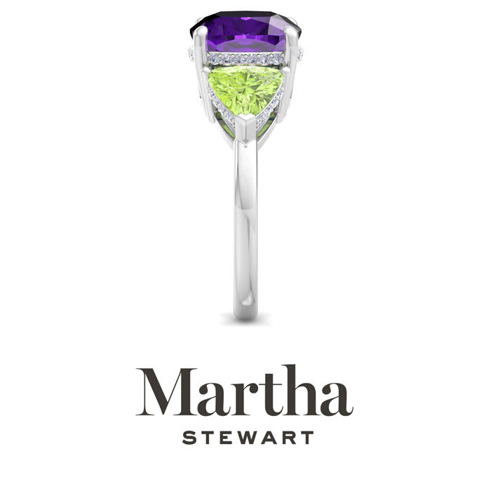 Martha Stewart 8 Carat Cushion Amethyst, Peridot and Lab Grown Diamond Three Stone Plus Ring In Sterling Silver