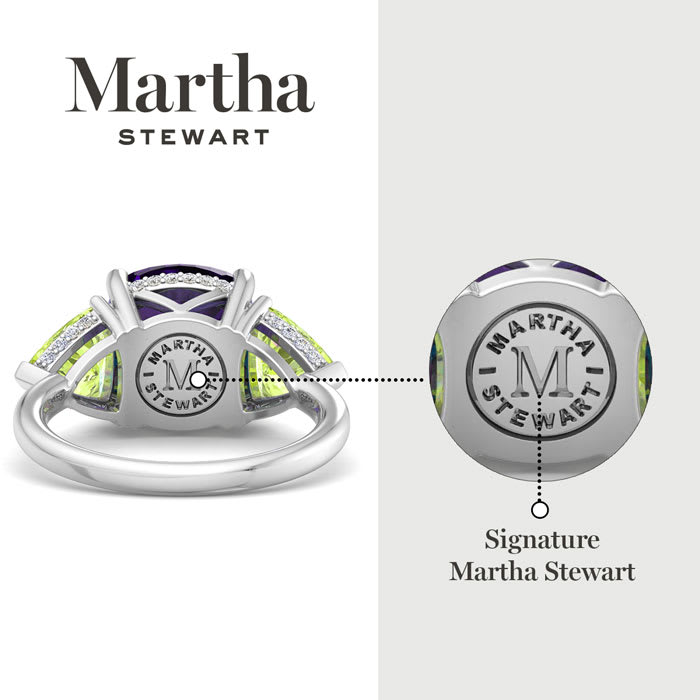 Martha Stewart 8 Carat Cushion Amethyst, Peridot and Lab Grown Diamond Three Stone Plus Ring In Sterling Silver