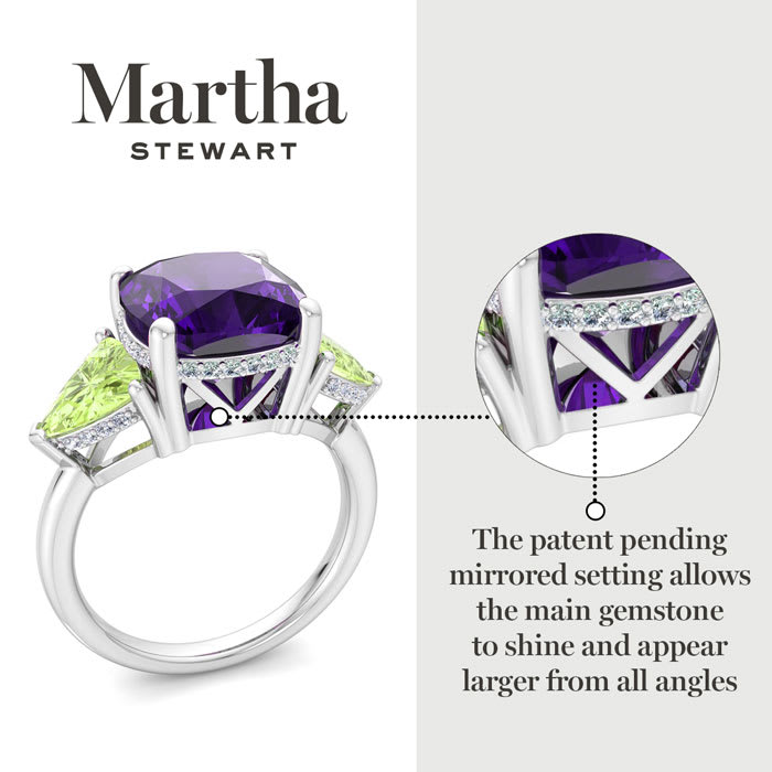 Martha Stewart 8 Carat Cushion Amethyst, Peridot and Lab Grown Diamond Three Stone Plus Ring In Sterling Silver