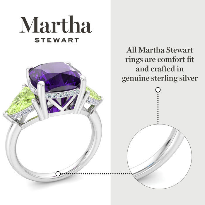 Martha Stewart 8 Carat Cushion Amethyst, Peridot and Lab Grown Diamond Three Stone Plus Ring In Sterling Silver