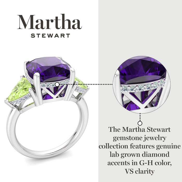 Martha Stewart 8 Carat Cushion Amethyst, Peridot and Lab Grown Diamond Three Stone Plus Ring In Sterling Silver